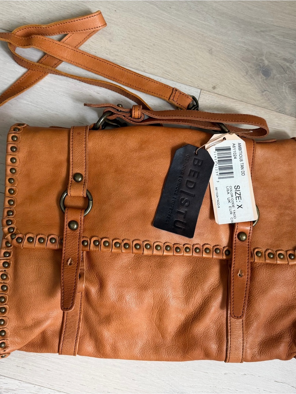 BED|STU Tan Leather Studded Messenger Bag with Adjustable Strap - Picture 11 of 12